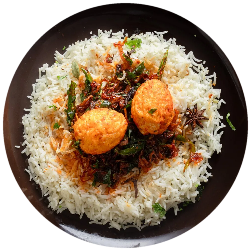 Bagara rice with egg curry, top view